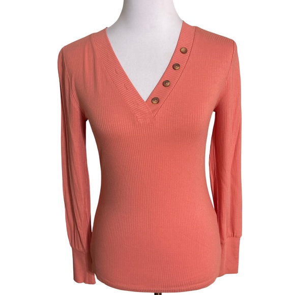 LOFT Tops - LOFT Coral Buttoned V-Neck Long Sleeve Top